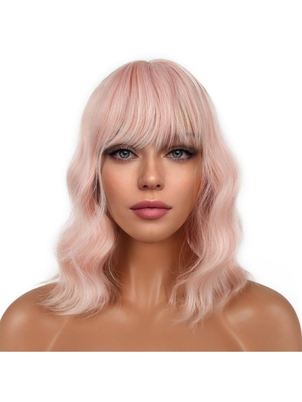 Women's Peach Fuzz Shoulder Length Synthetic Loose Wavy Short Bob Wigs Bangs